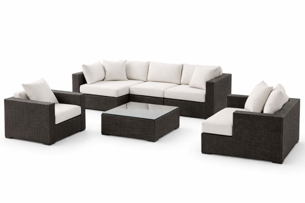 Outdoor Wicker Sofa Set with Glass Top Coffee Table and Cushions Brown/Beige