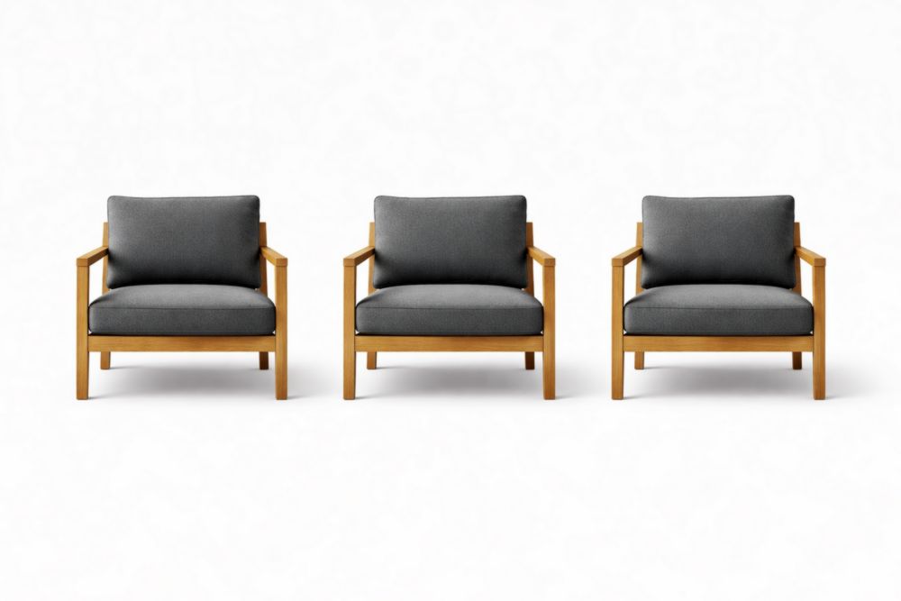 Set of 3 Wooden Armchairs with Gray Cushions