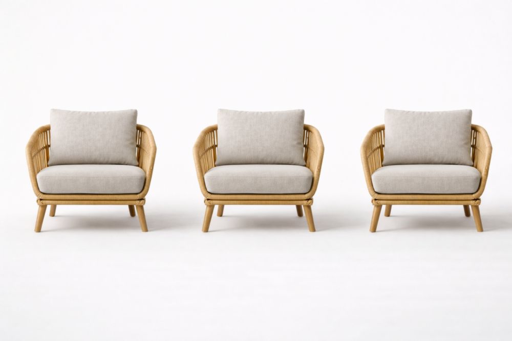 Three-Piece Rattan Armchair Set with Cushions