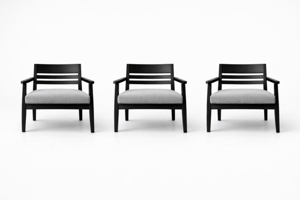 Set of 3 Wood Lounge Chairs with Cushioned Seat Black Frame Gray Fabric