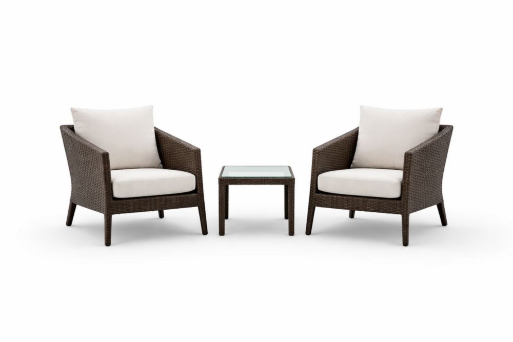 3-Piece Wicker Patio Chair and Table Set with Glass Top and Cushions Cream Brown