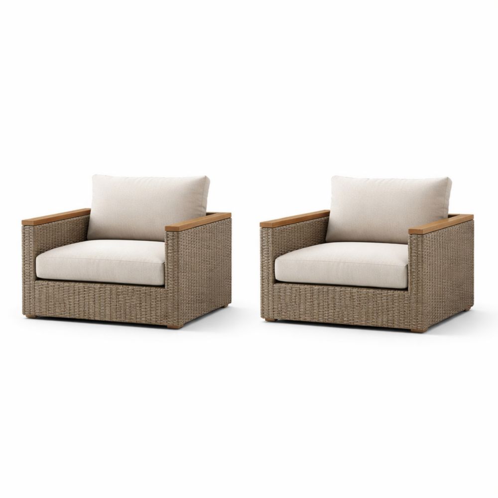 Outdoor Wicker Armchair Set with Teak Accents, Beige Cushions-Havenserio