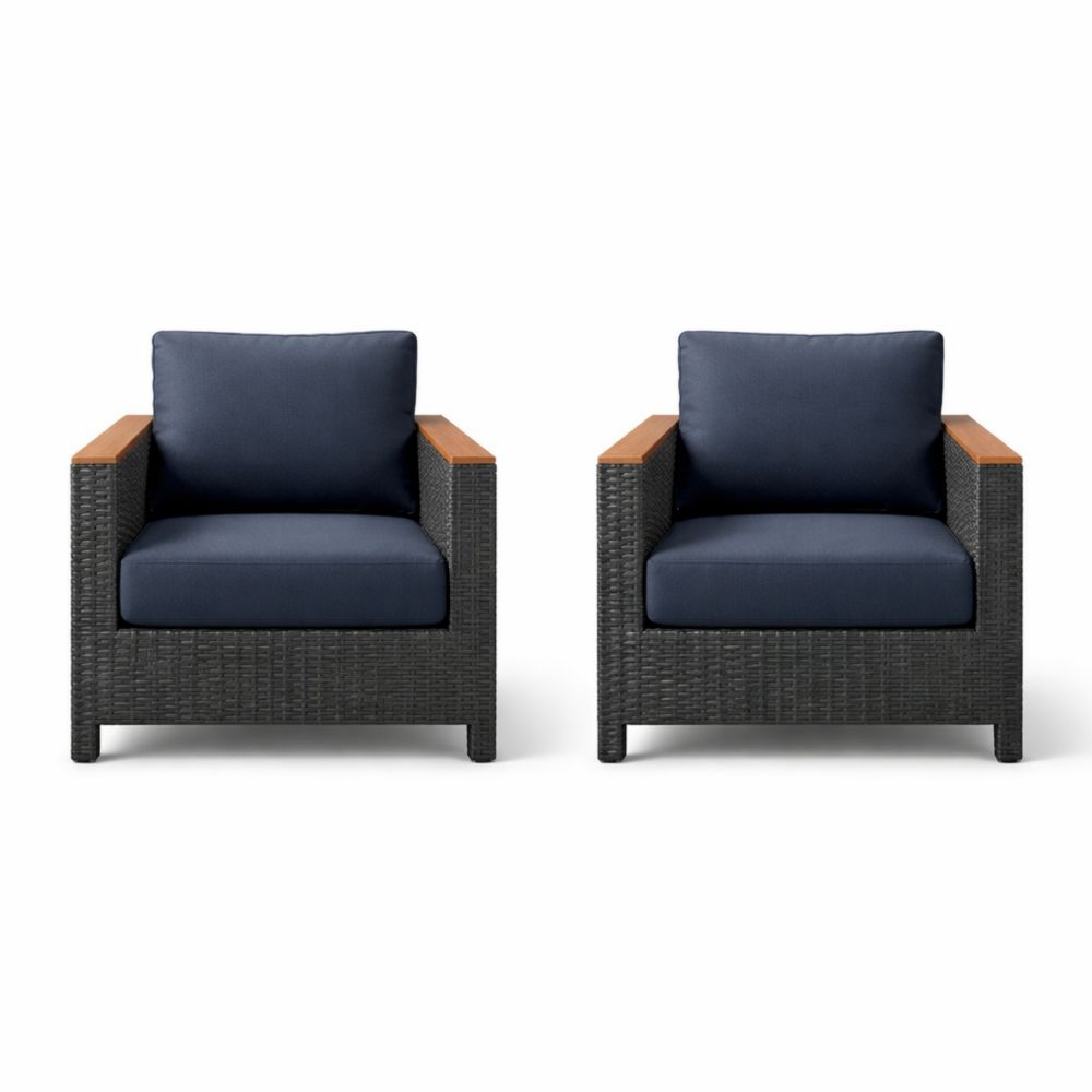 Set of 2 Outdoor Wicker Armchairs Navy Cushions Steel Frame-Havenserio
