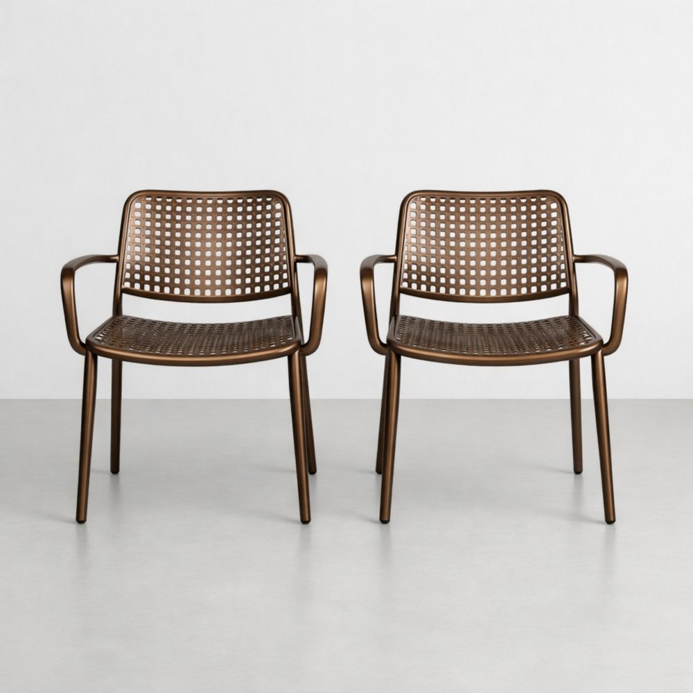 Set of 2 Bronze Metal Outdoor Chairs with Armrests-Havenserio