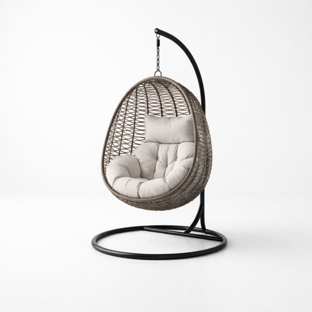 Hanging Egg Chair with Stand Metal Wicker Beige Cushion-Havenserio