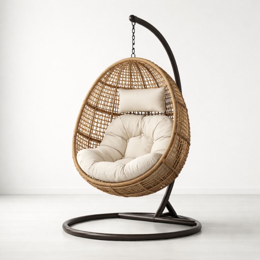 Rattan Steel Egg Hanging Chair with Beige Cushion-Havenserio