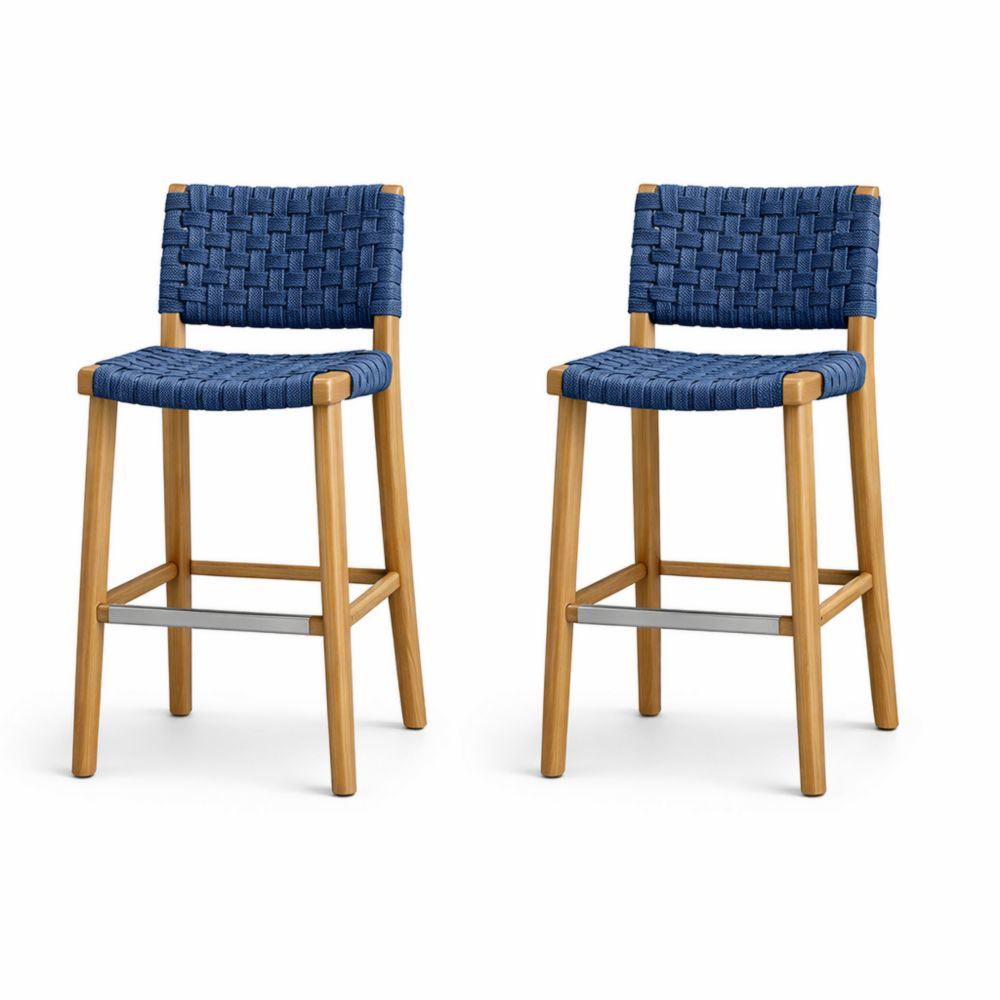 Set of 2 Wooden Bar Stools with Blue Rope - 108cm Height-Havenserio