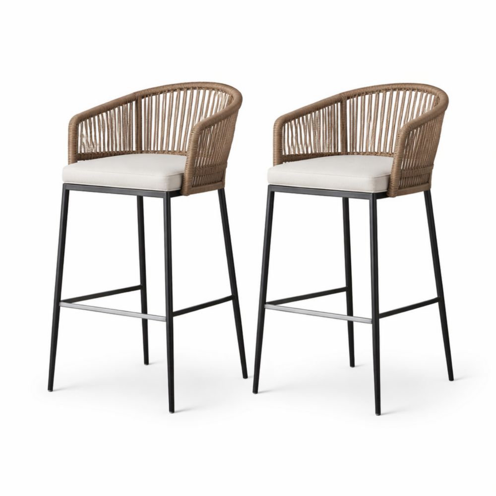 Set of 2 Wicker Bar Stools with Beige Cushions and Black Metal Frame-Havenserio