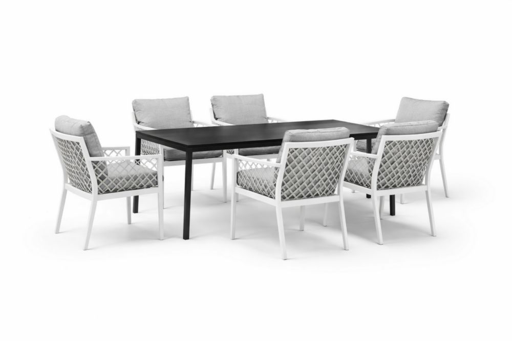 Outdoor Dining Set with Rectangular Table and 6 Cushioned Chairs Aluminum Frame Black/White/Grey-Auravivane