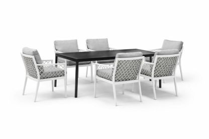 Outdoor Dining Set with Rectangular Table and 6 Cushioned Chairs Aluminum Frame Black/White/Grey-Auravivane