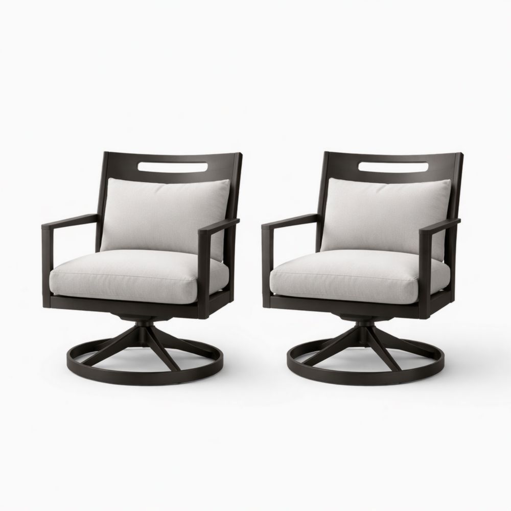 Metal frame outdoor swivel armchair set with beige cushions-Auravivane