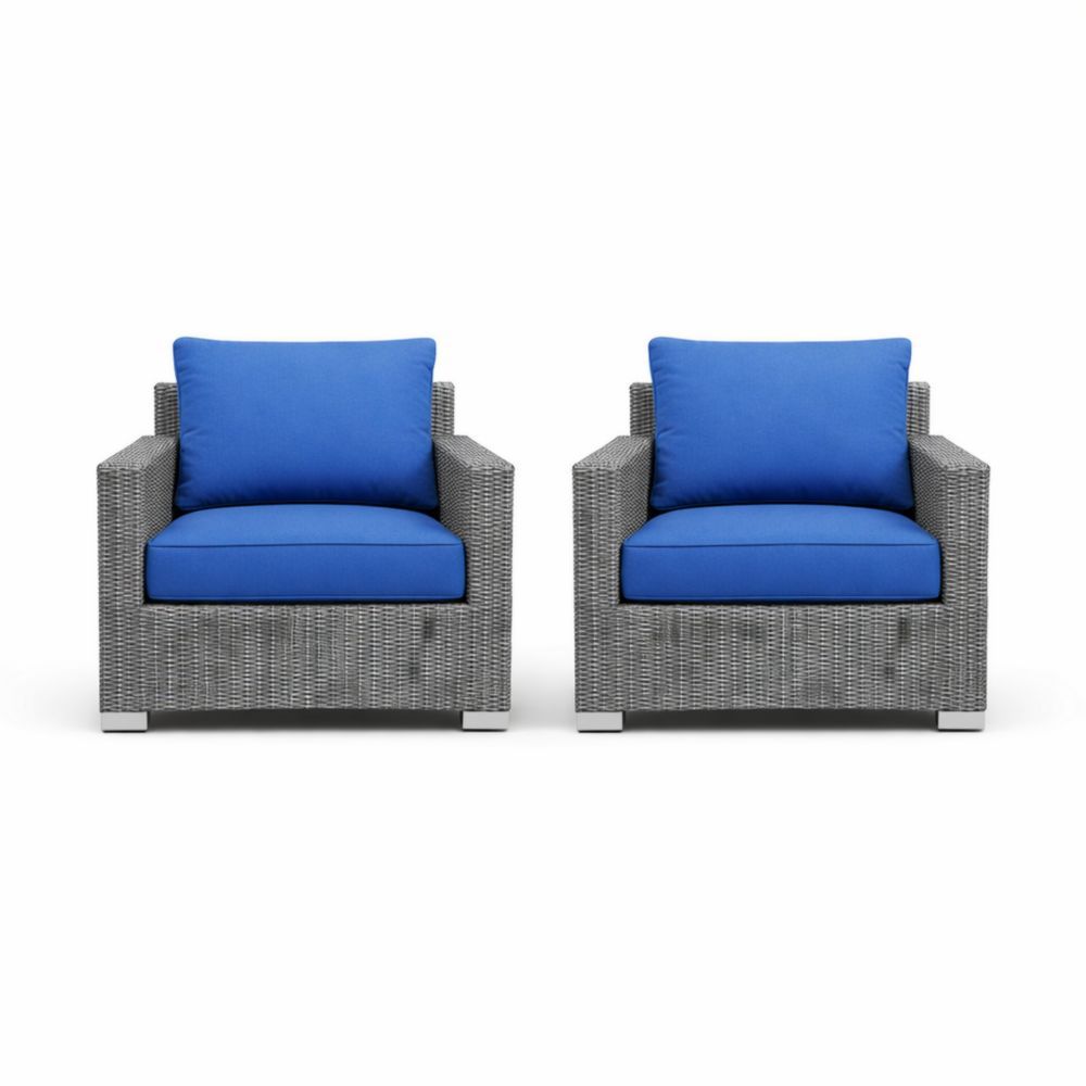 Wicker Armchair Set with Blue Polyester Cushions-Auravivane