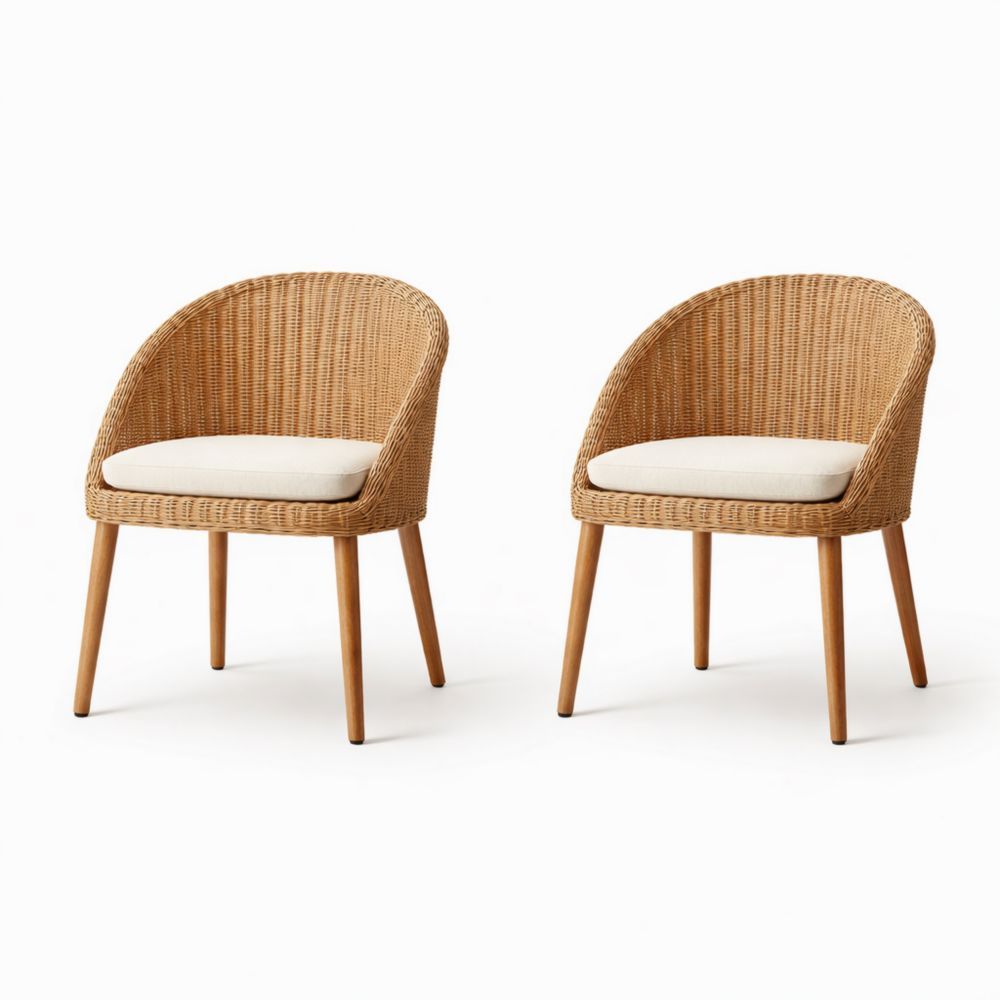 Set of 2 Wicker Armchairs with Cushions and Wooden Legs-Auravivane