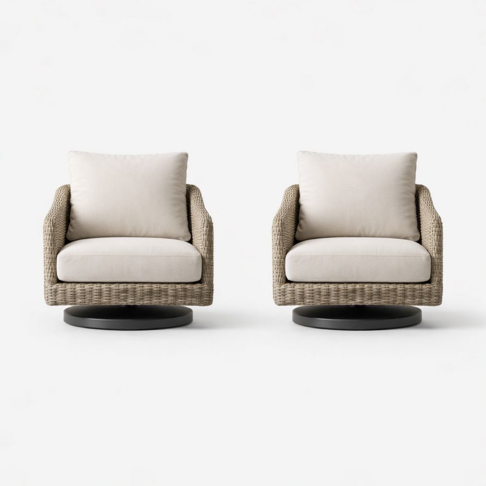 Set of 2 Wicker Swivel Armchairs with Beige Cushions-Auravivane