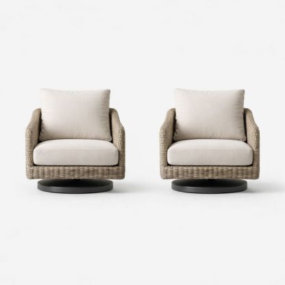 Set of 2 Wicker Swivel Armchairs with Beige Cushions-Auravivane