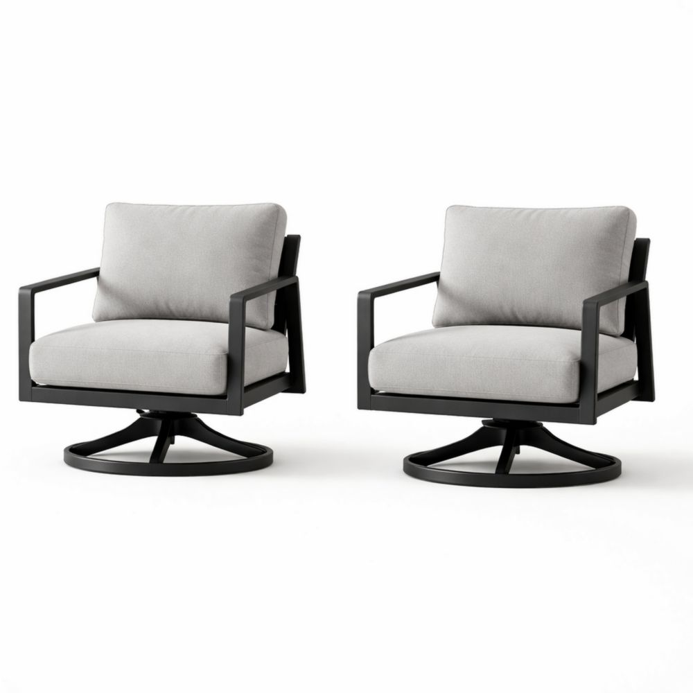 Outdoor Aluminum Swivel Club Chairs Set with Olefin Fabric, Black Frame, Gray Cushions-Auravivane