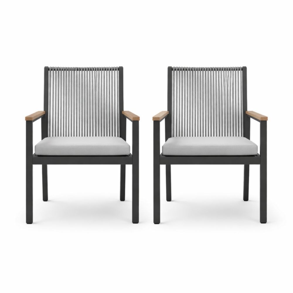 Steel and Rope Outdoor Armchair Set with Teak Armrests - Grey, 2-Piece-Auravivane