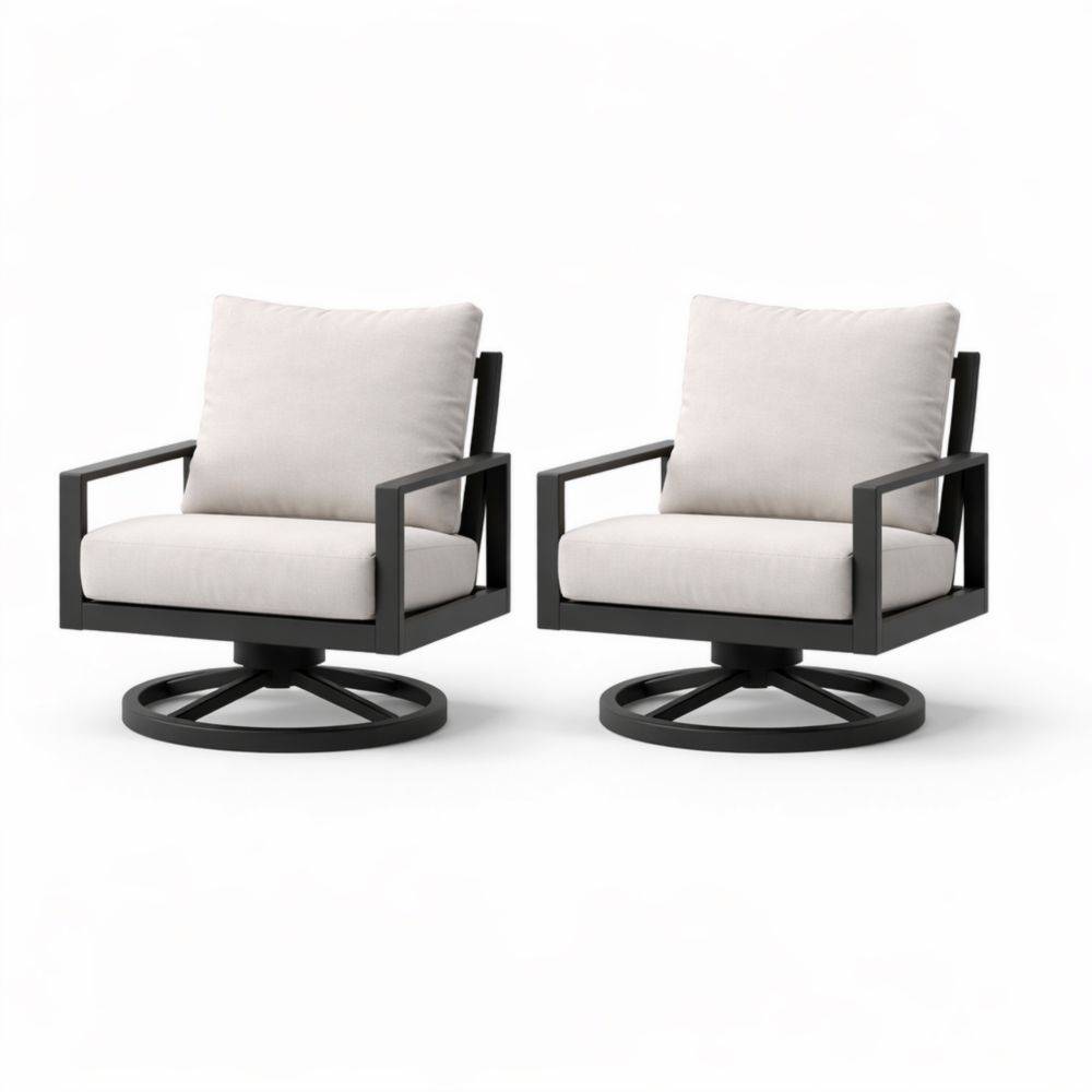 Outdoor swivel armchair set with metal frame and beige cushions-Auravivane