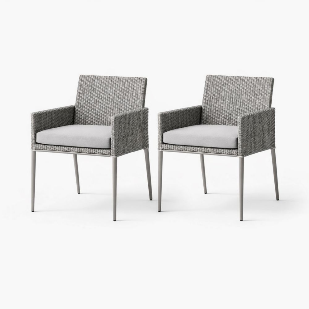 Set of 2 Grey Wicker Outdoor Chairs with Cushions and Steel Legs-Auravivane