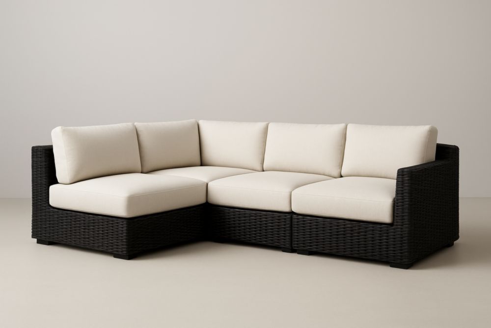 Outdoor Wicker Sectional Sofa Set with White Cushions 210 cm x 210 cm x 70 cm-Auravivane