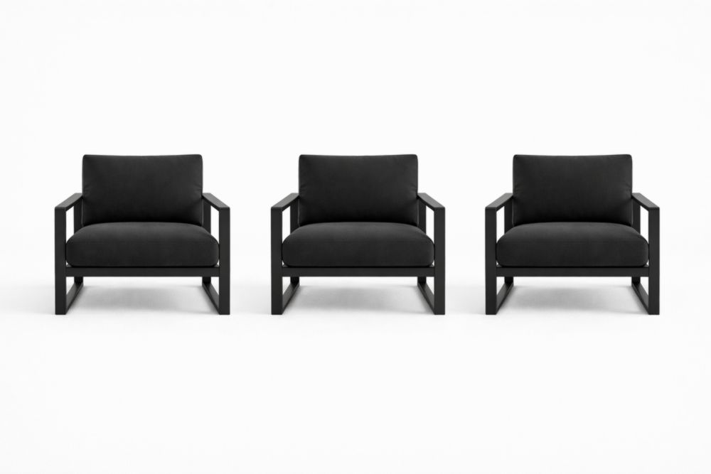 Black Metal Frame 3-Piece Armchair Set with Upholstered Fabric Seat