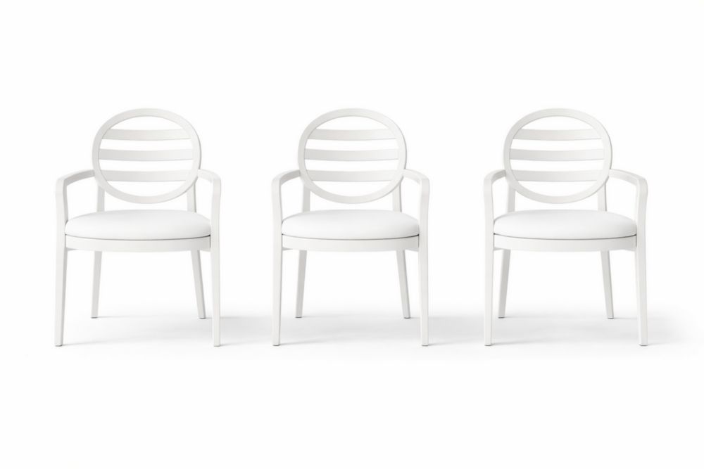 White Plastic Armchairs Set of 3 with Circular Back and Upholstered Seat
