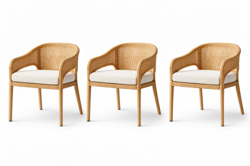 Set of 3 Rattan Armchairs with Beige Polyester Cushions