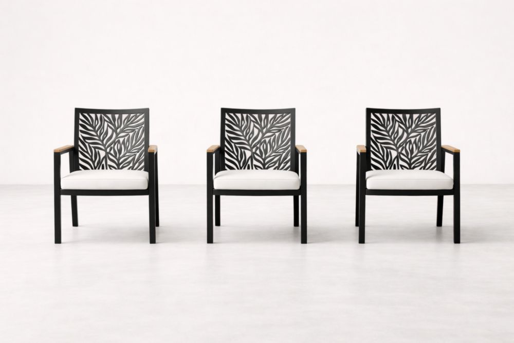 Outdoor Metal Armchair Set of 3 with White Cushions and Leaf Pattern Back Black