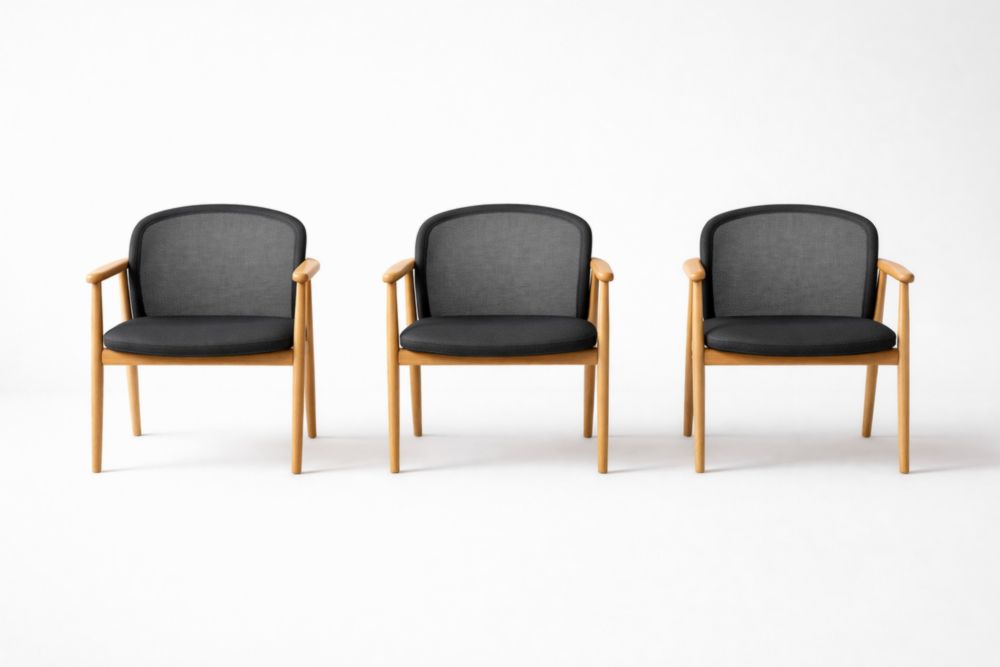 Set of 3 Wooden Frame Lounge Chairs with Black Fabric Upholstery