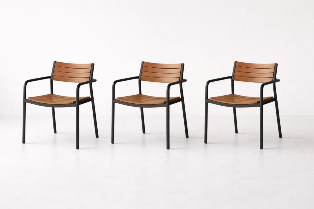 Set of 3 Metal Frame Armchairs with Faux Wood Slats in Brown/Black