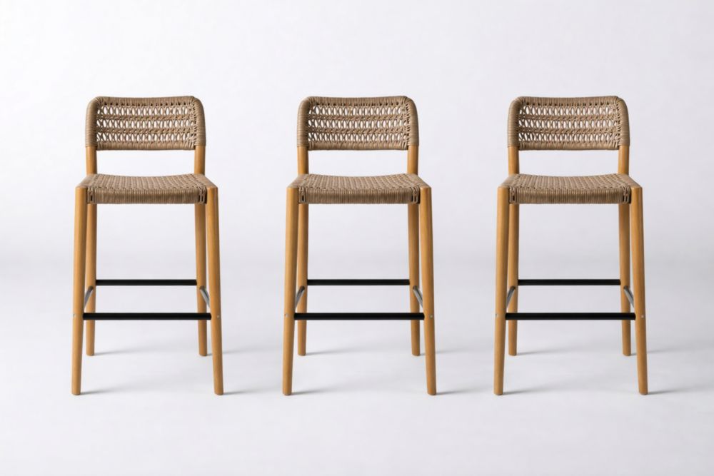 Set of 3 Rattan Bar Stools with Wooden Legs