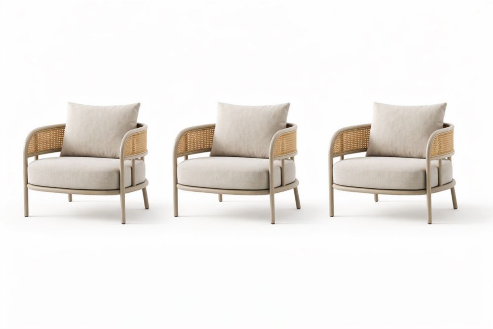 Aluminum and Rattan Armchair Set of 3 with Beige Cushions