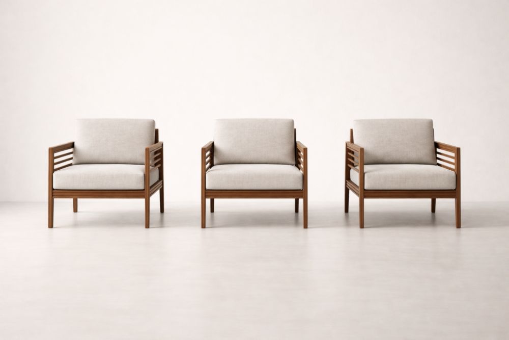 Set of 3 Wooden Armchairs with Natural Beige Upholstery