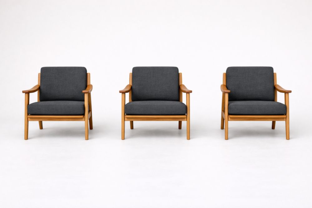 Set of 3 Solid Wood Armchairs with Polyester Upholstery Dark Gray