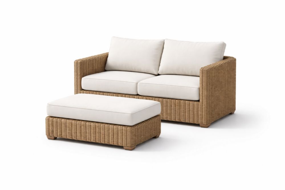 Outdoor Wicker Loveseat with Ottoman Cushioned Set Beige