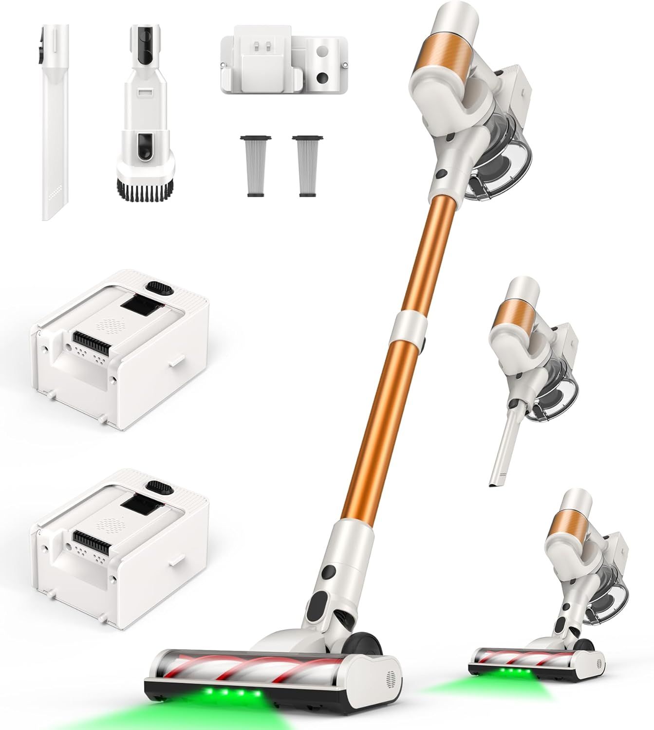 Powerful Cordless Vacuum Cleaner, 2 Batteries, 110-Minute Runtime, 580W, 48KPA, Self-Standing Design for Pet Hair, Hardwood Floors, and Carpets - White