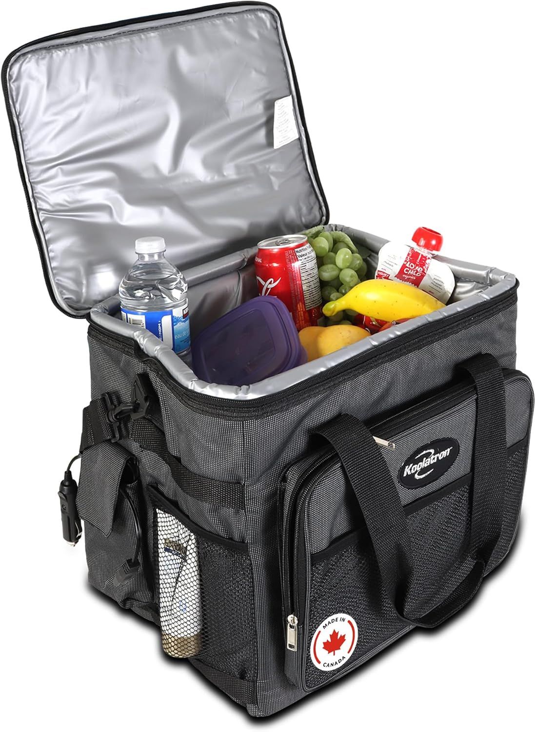 Koolatron 12V Thermoelectric Soft Cooler Bag, Iceless Portable Travel Fridge, Foldable Storage for Car and Truck, Grey/Black