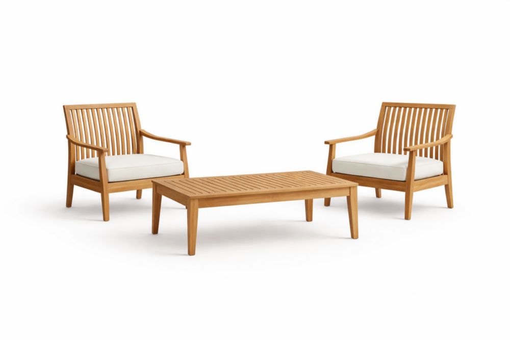 Teak Wood Outdoor Lounge Chair and Table Set with White Cushions