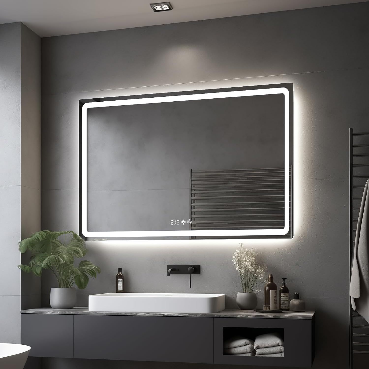 Cozi 120x80cm LED Bathroom Mirror with Dimmable Light, Anti-Fog, Time Display