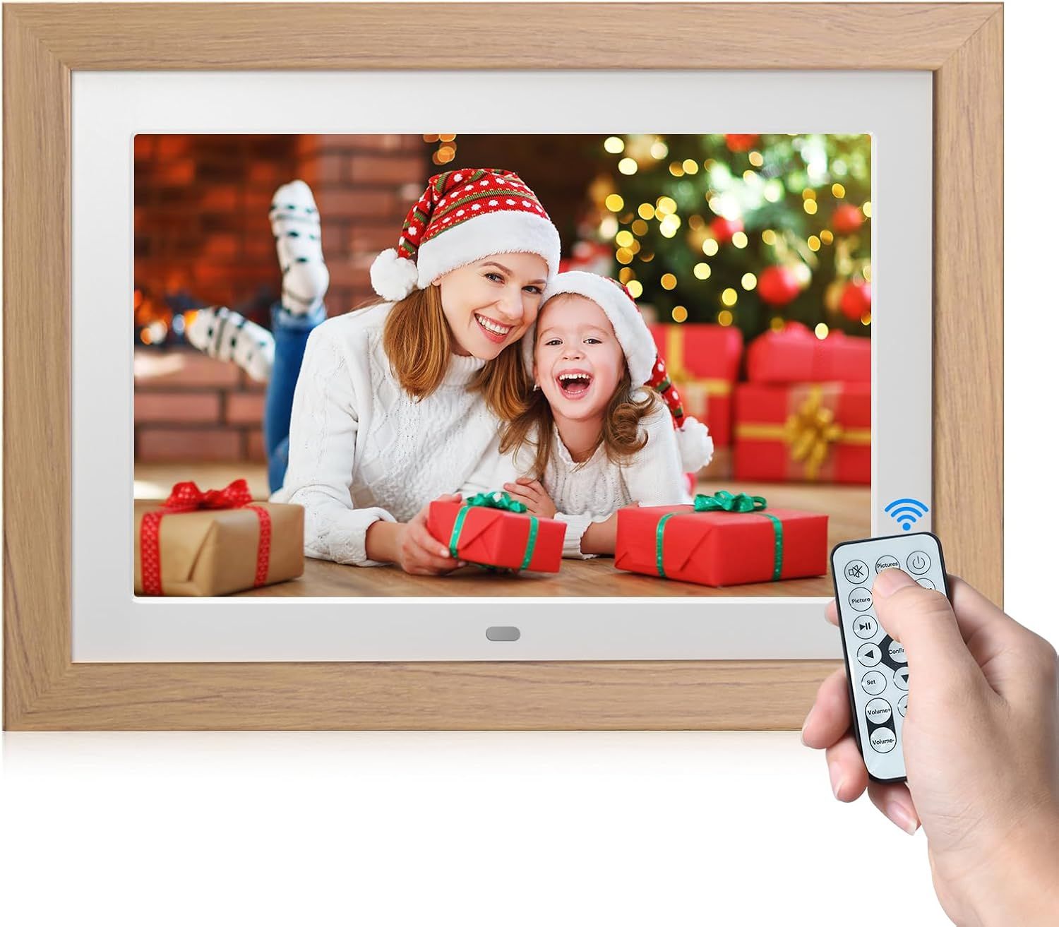 10.1'' Digital Photo Frame with Removable Wooden Frame, 1280x800 IPS Display, SD Card Support, Video and Photo Sharing, Auto-Rotate Slideshow, Non-WiFi