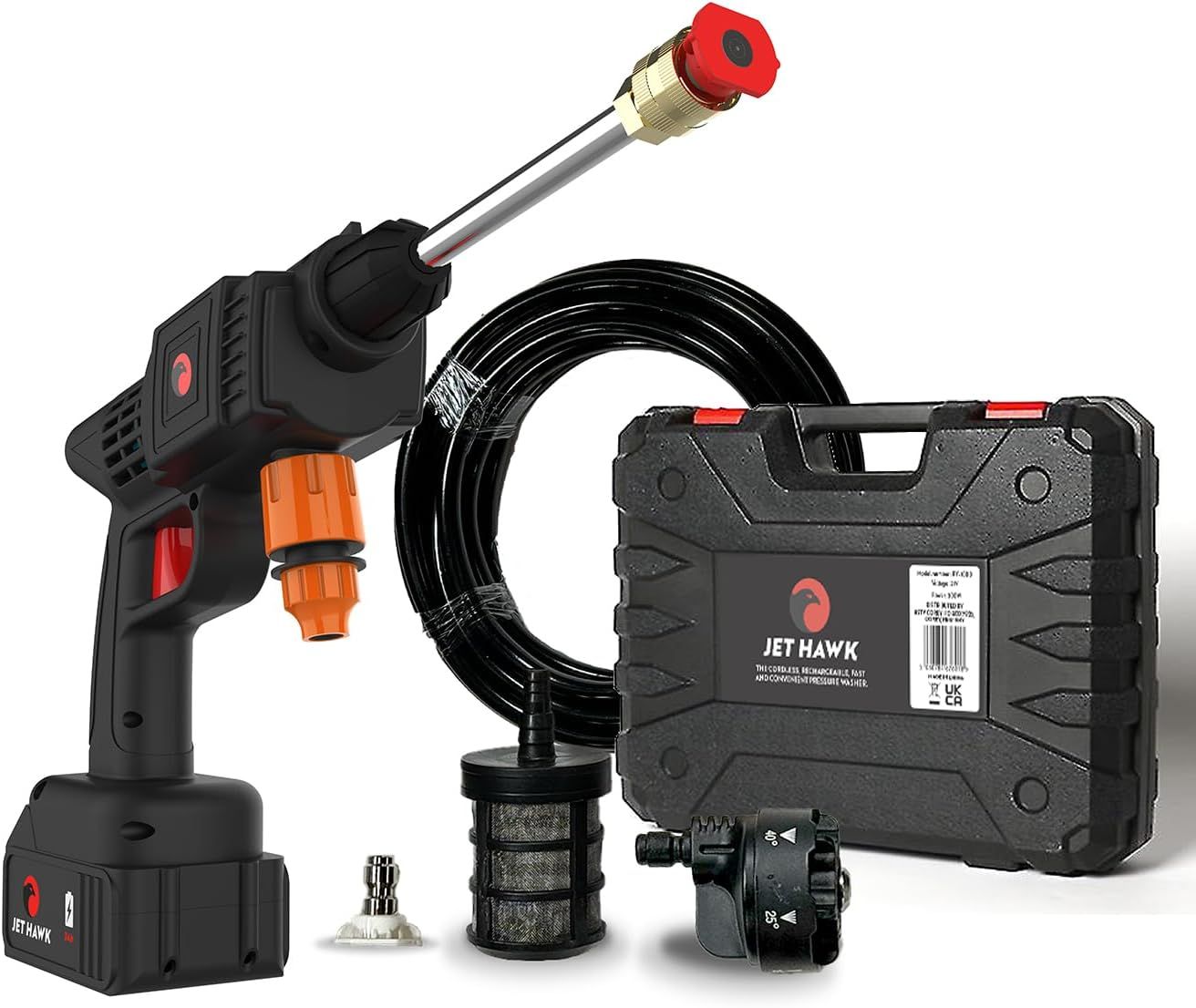Jet Hawk Portable Cordless High-Pressure Washer - Versatile 6-in-1 with Spray Nozzles & Accessories