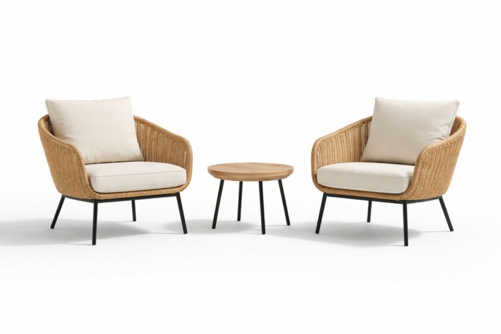 Rattan Armchair Set with Cushions and Round Teak Coffee Table