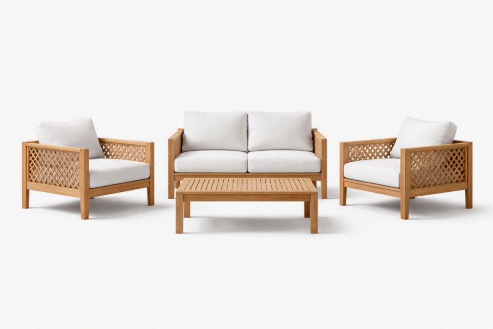Teak Patio Furniture Set with White Cushions