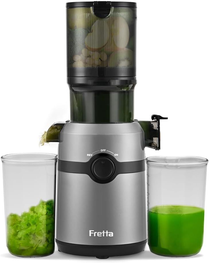 Fretta Slow Cold Press Juicer, 200W Masticating Machine with Large 108mm Chute, BPA-Free for Whole Fruits & Veggies, Grey