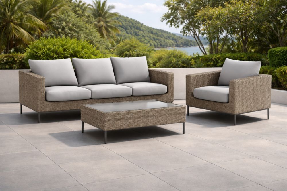 Outdoor Patio Furniture Set with Wicker Sofa, Chair, and Glass Coffee Table