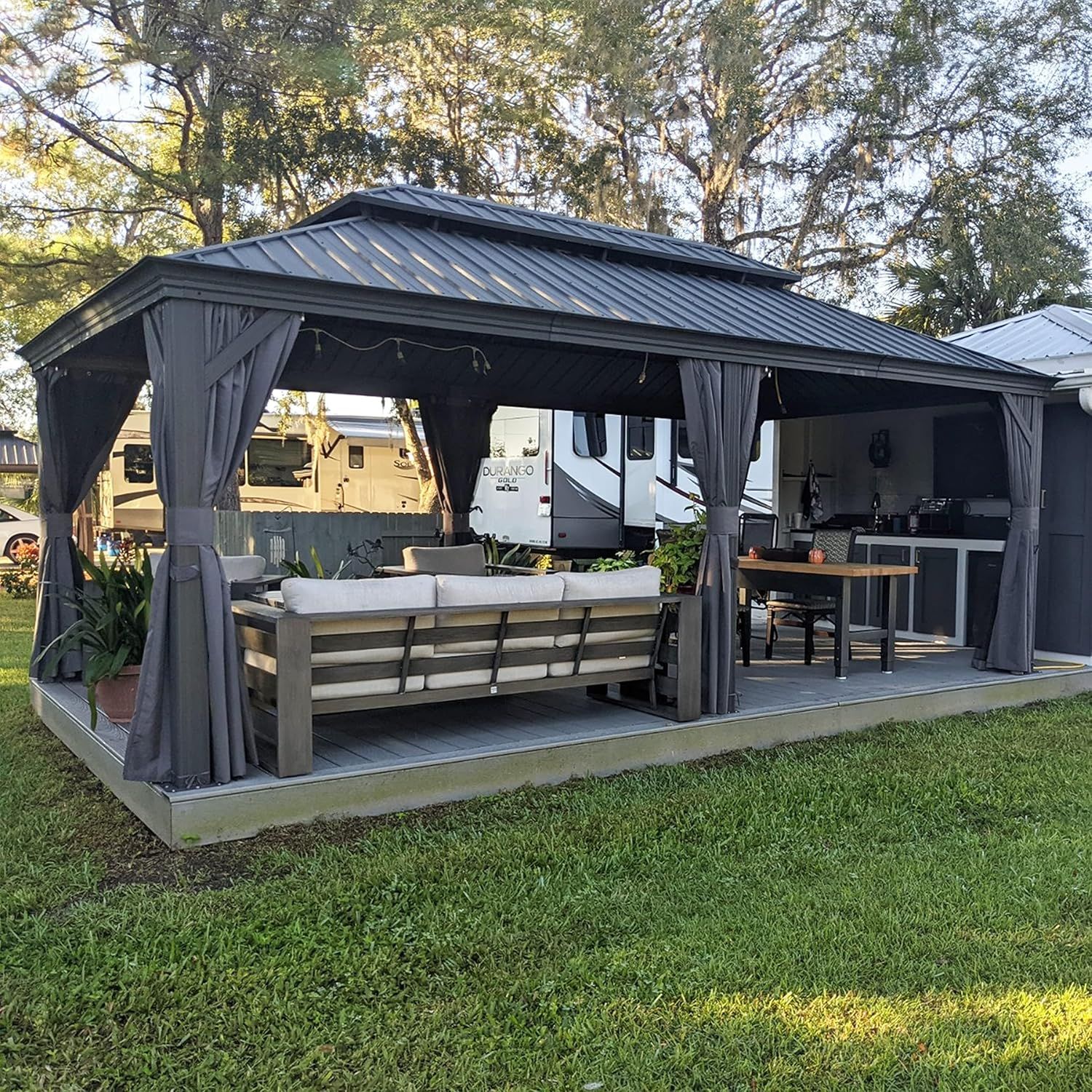 Purple Leaf 3.65x6m Aluminium Hardtop Gazebo with Ventilation and Drainage, Includes Curtains and Net for Elegant Outdoor Living, Grey