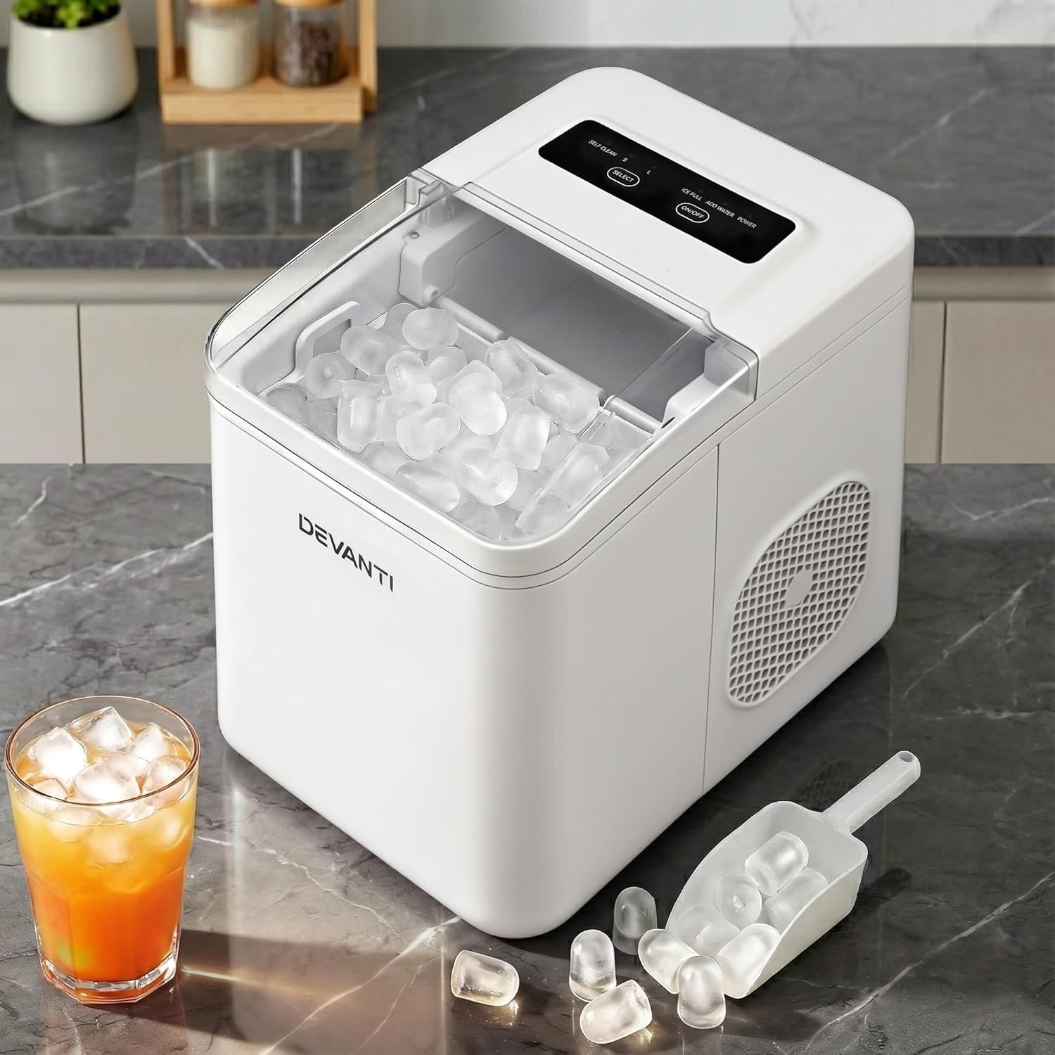 Devanti Portable Ice Maker, 12-15kg Daily Capacity, 6-Min Quick Ice, Self-Cleaning, 1.2L Water Tank, Perfect for Home, Office & Outdoor Use, White