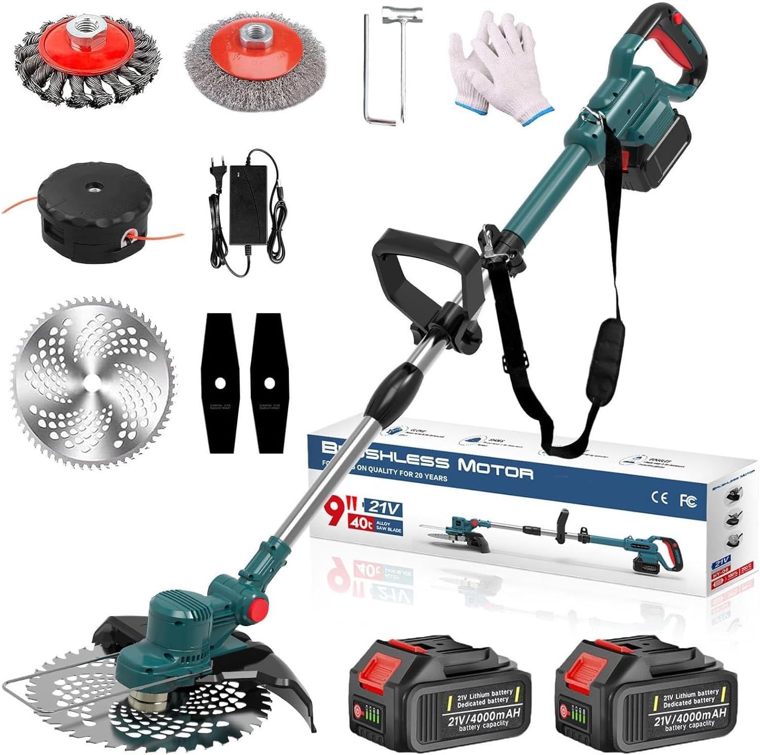 4-in-1 Cordless Grass Trimmer 21V 750W with Edger & Shrub Cutter
