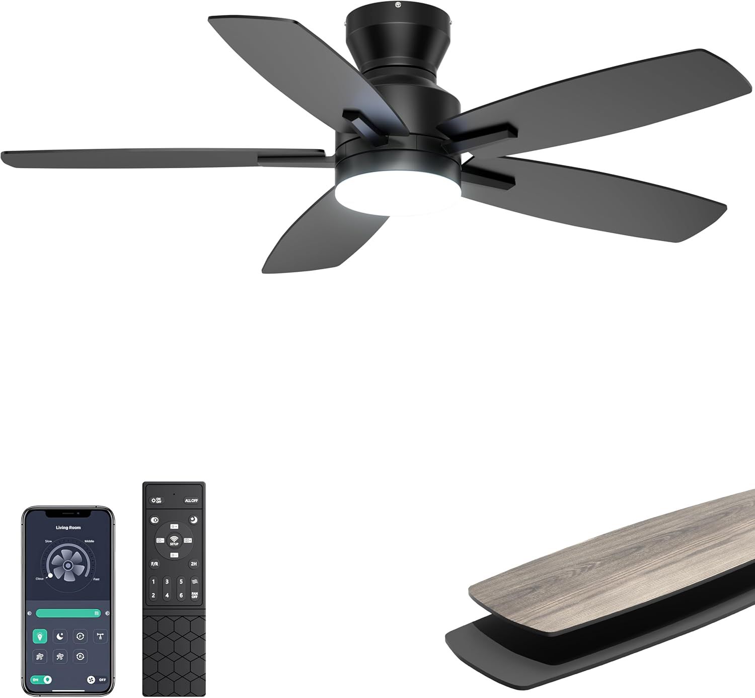 42'' Black Ceiling Fan with Lights and Remote Control - Modern Flush Mount for Indoor Use