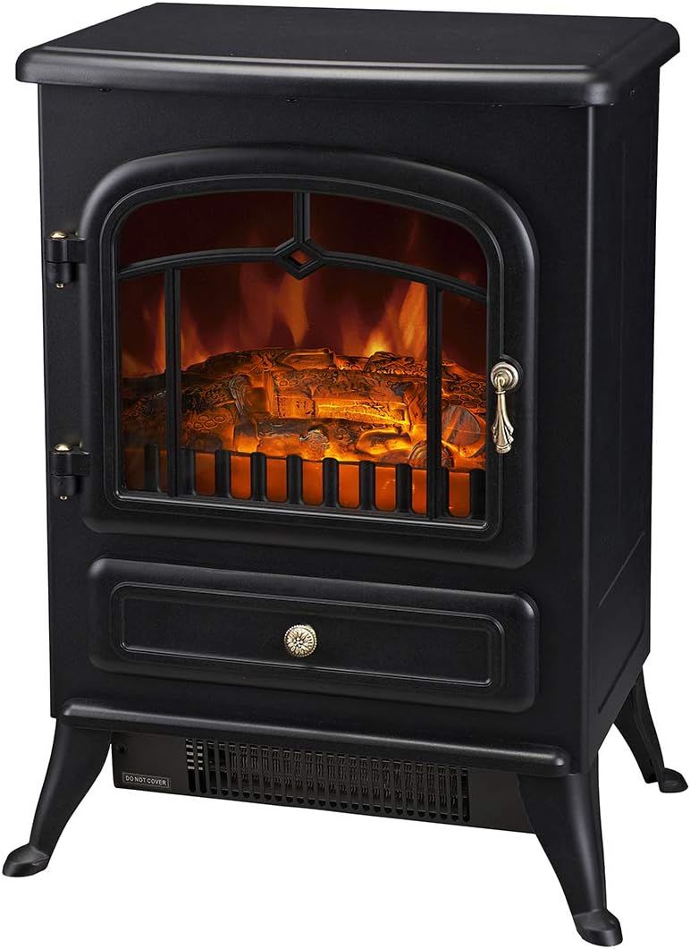Lenoxx Stylish Black Electric Fireplace Heater with Realistic LED Flames & Adjustable Thermostat